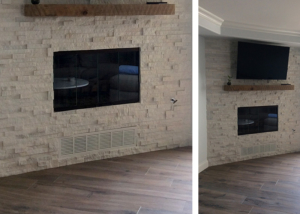 Stone Fireplace and Wood Look Floor Tile Design