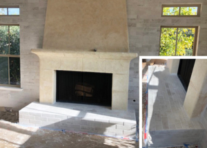 Stone Tile Fireplace with White Brick Base. Designed and Created by European Expression Tile located in San Diego CA.