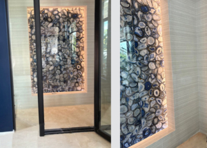 Accent wall design featuring agate stone pebble mosaic tile + close up.