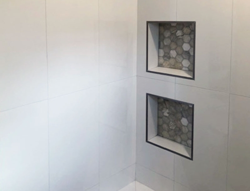 White Tile Shower with Neutral Grey Inset Details